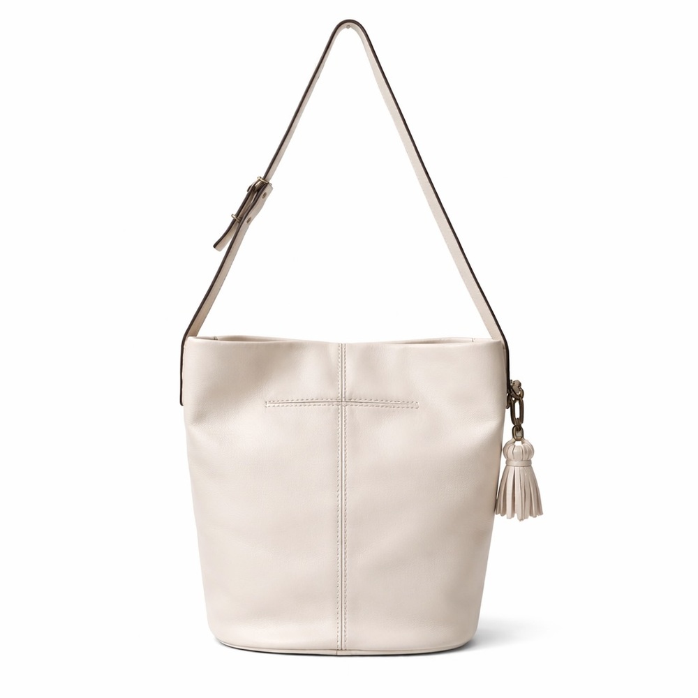 The Sak Cream Leather Bucket Bag Tassel Shoulder Bag Boho Minimalist - Picture 4 of 13